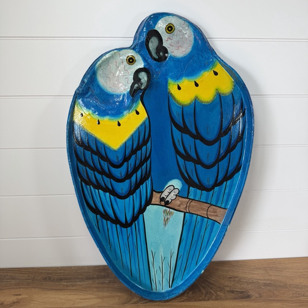 Vintage 22" Papier Mache Tray Bird Blue Parrot Hand Painted Macaws Tropical Tiki